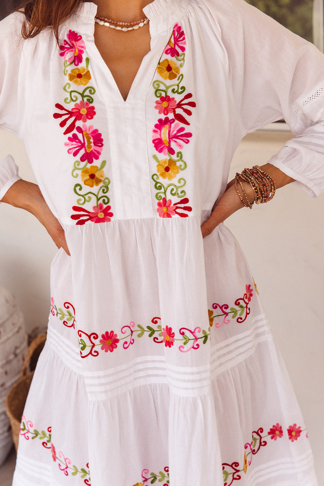 Clover Dress White with Pink Aari Embroidery