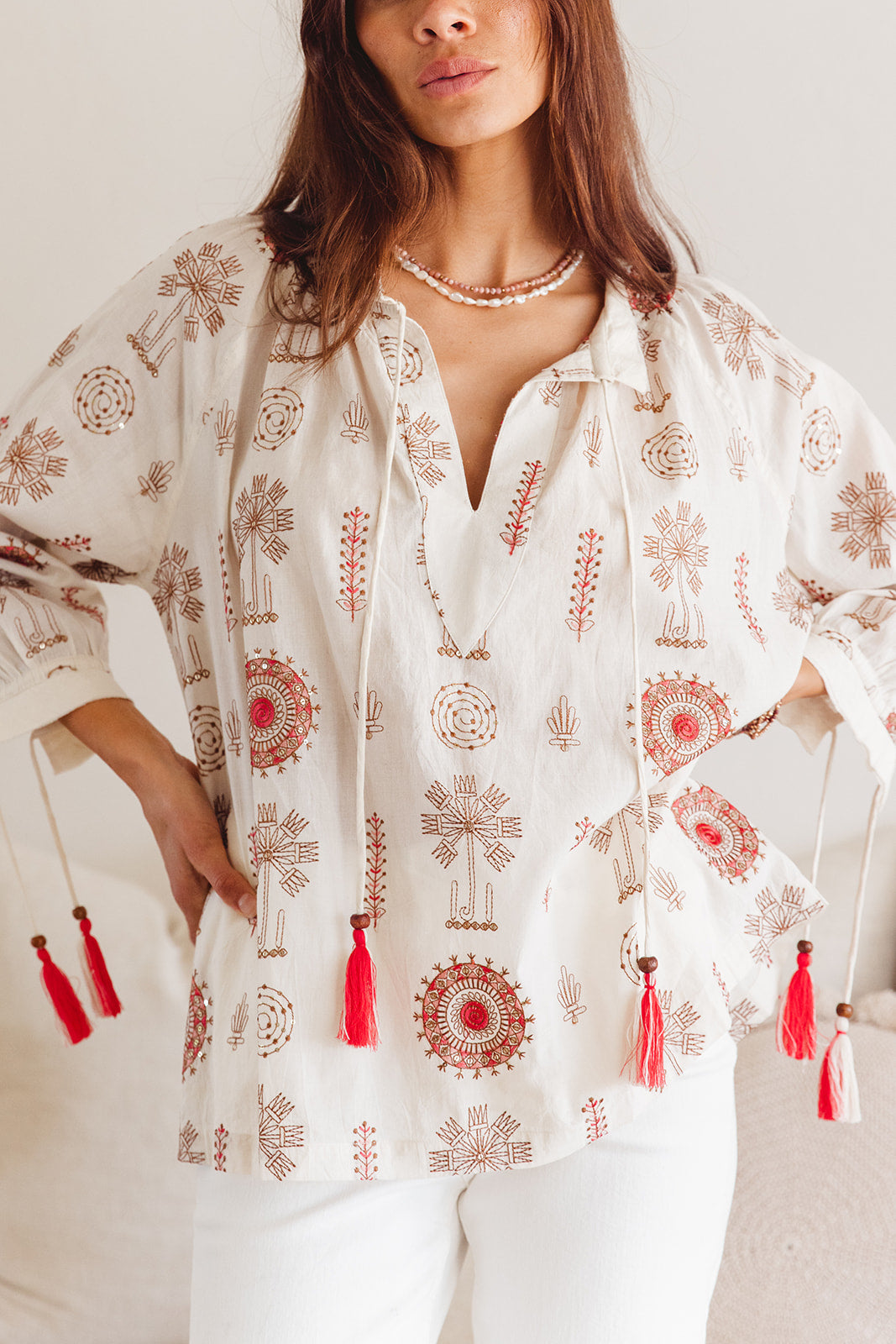 Santorini Top in Temple Embroidery