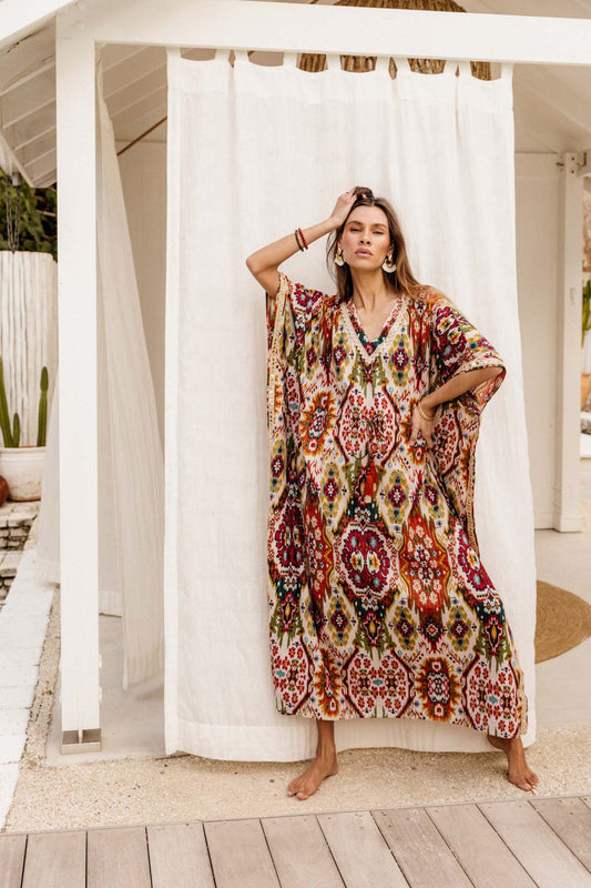 Amaru Kaftan Dress in Moon Beam Ikat