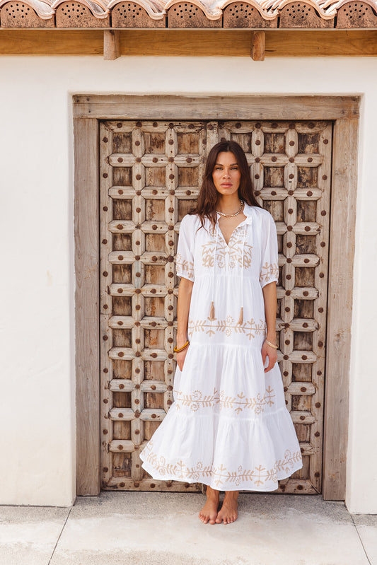 Julia Dress - White  with Imperial Aari Embroidery