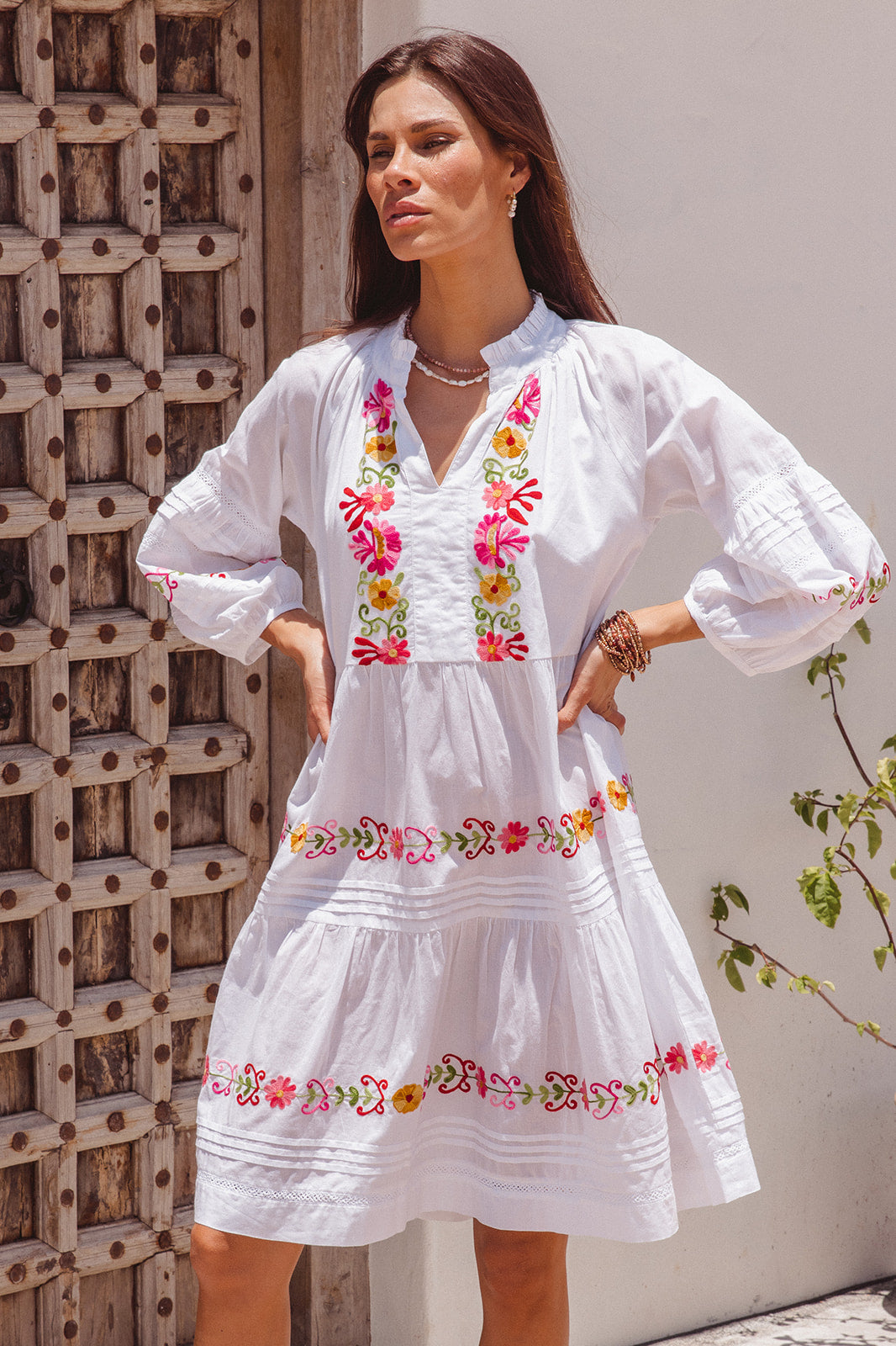 Clover Dress White with Pink Aari Embroidery