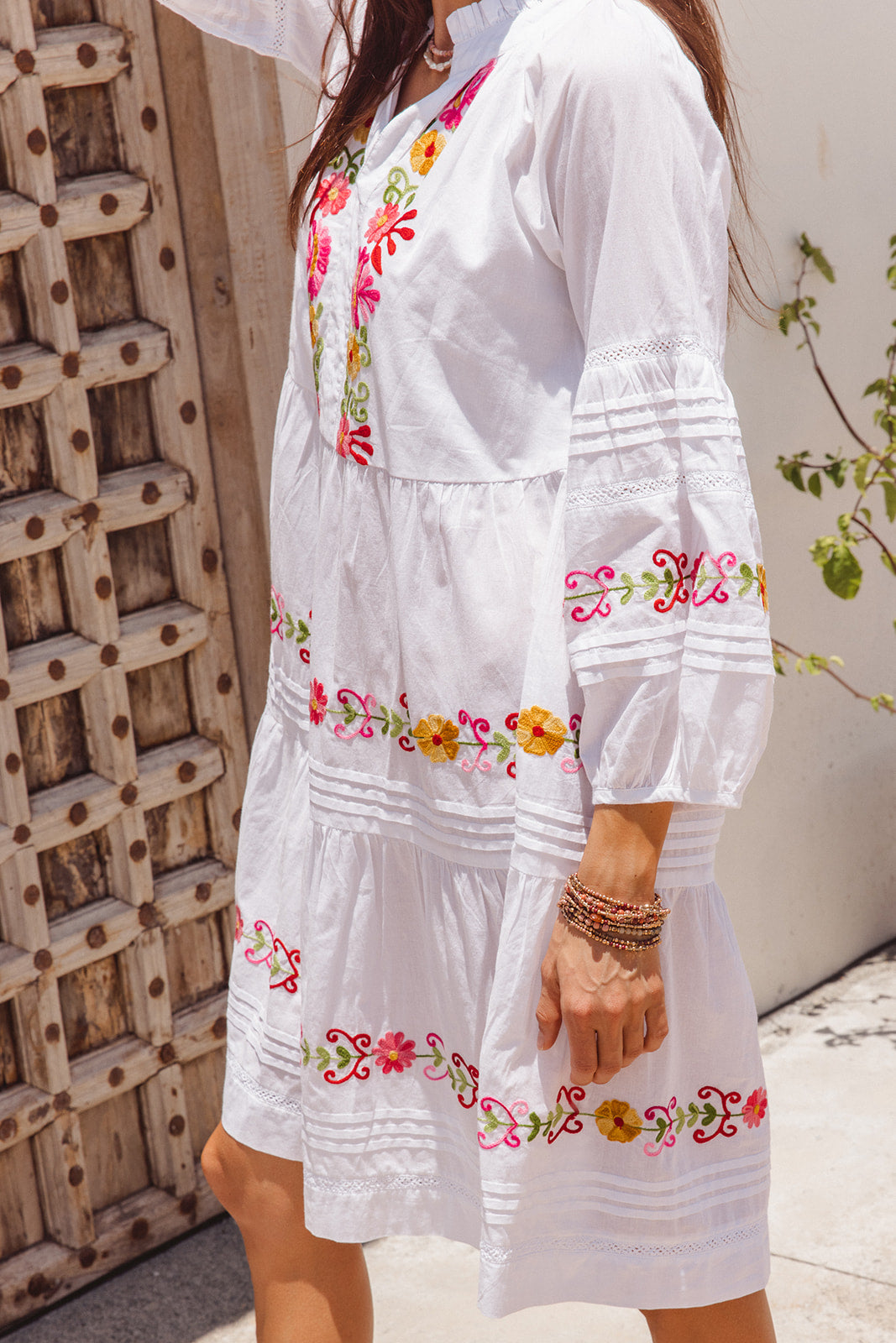 Clover Dress White with Pink Aari Embroidery