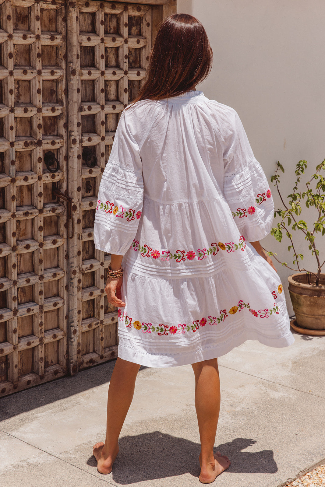 Clover Dress White with Pink Aari Embroidery