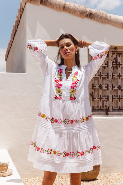 Clover Dress White with Pink Aari Embroidery