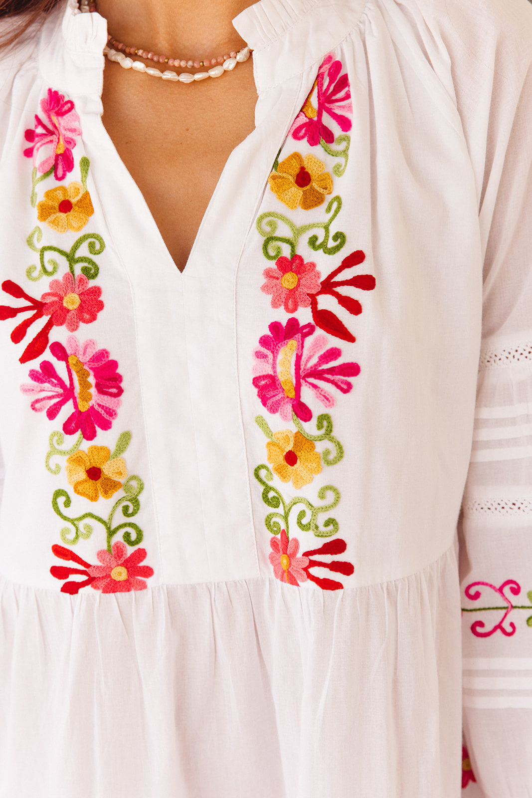 Clover Dress White with Pink Aari Embroidery