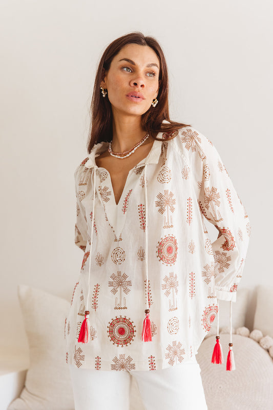 Santorini Top in Temple Embroidery